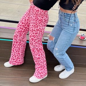 Pink Animal Print High Waist Wide Flare Leg Jeans